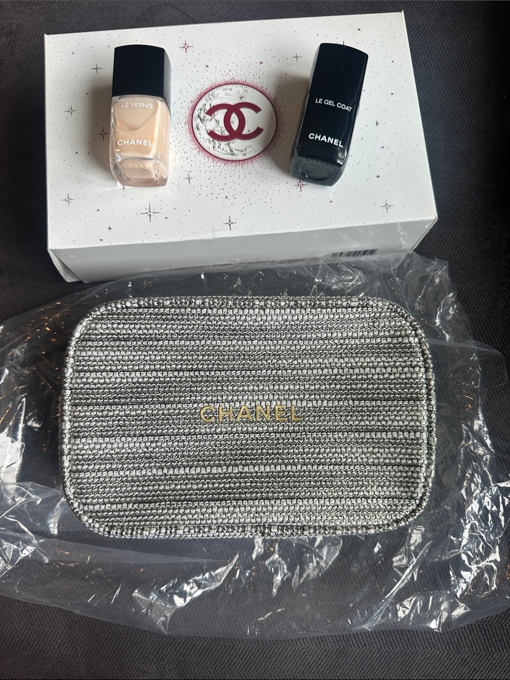 CHANEL Silver Woven Zip Pouch with Gold Logo